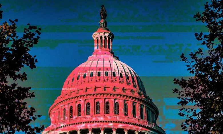 US Capitol dome with a pink glow against a blue sky, framed by trees.