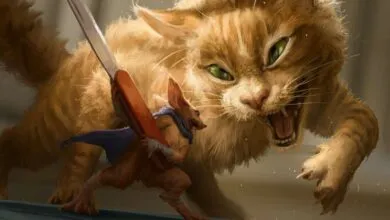 Illustration of a mouse warrior facing a large, angry ginger cat.