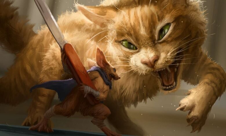 Illustration of a mouse warrior facing a large, angry ginger cat.