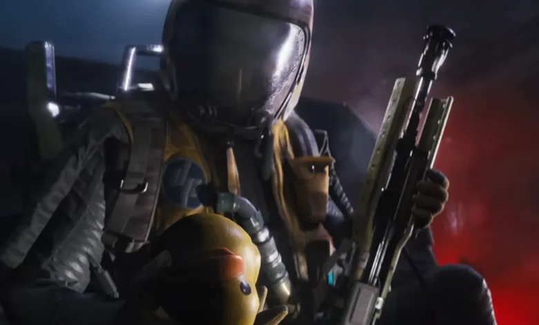 Character in helmet holds rubber duck and weapon in dim, atmospheric lighting.