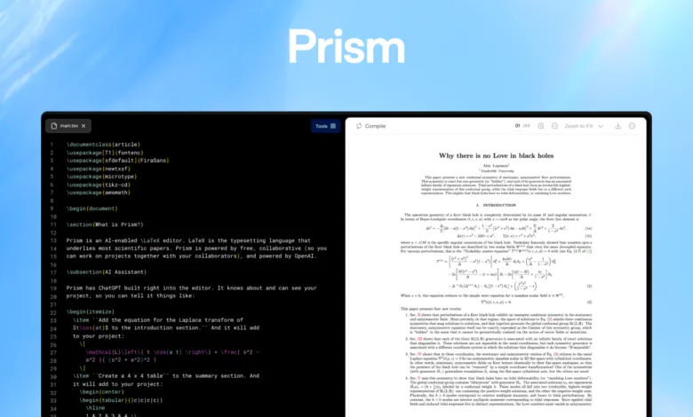 Prism app interface showing LaTeX code, document preview, and app icon.