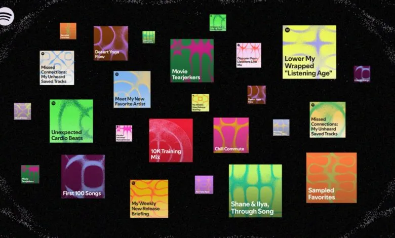 Spotify playlists arranged in a cosmic, star-filled background.