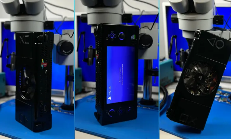 Custom PlayStation handheld device with screen displaying PS4 interface.