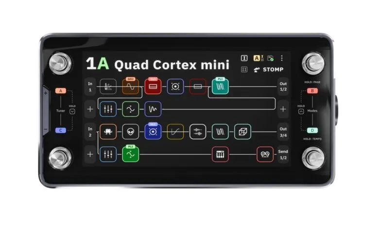 Quad Cortex Mini guitar effects processor showing signal chain.