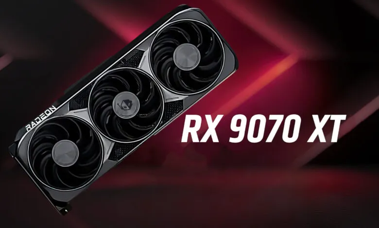 Radeon RX 9070 XT graphics card with three fans on a red and black background.