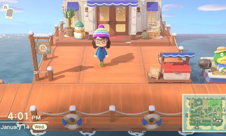 Animal Crossing character stands on a dock near a building and a boat.