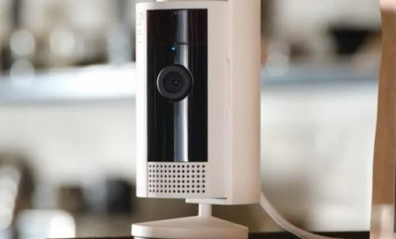 Ring Indoor Cam (2nd Gen) security camera on a stand.