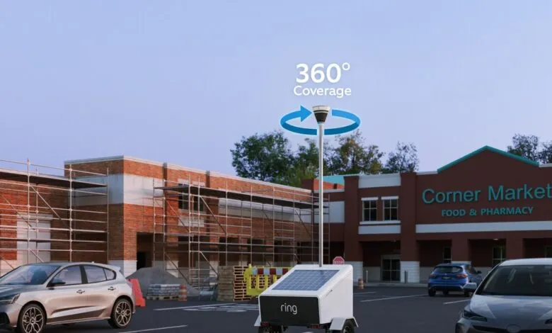 Ring security trailer with 360° camera in a parking lot, providing surveillance.