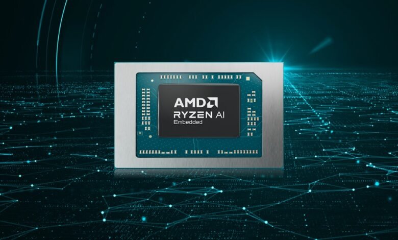 AMD Ryzen AI Embedded chip on a digital network background.