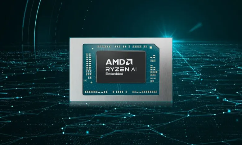 AMD Ryzen AI Embedded chip on a digital network background.