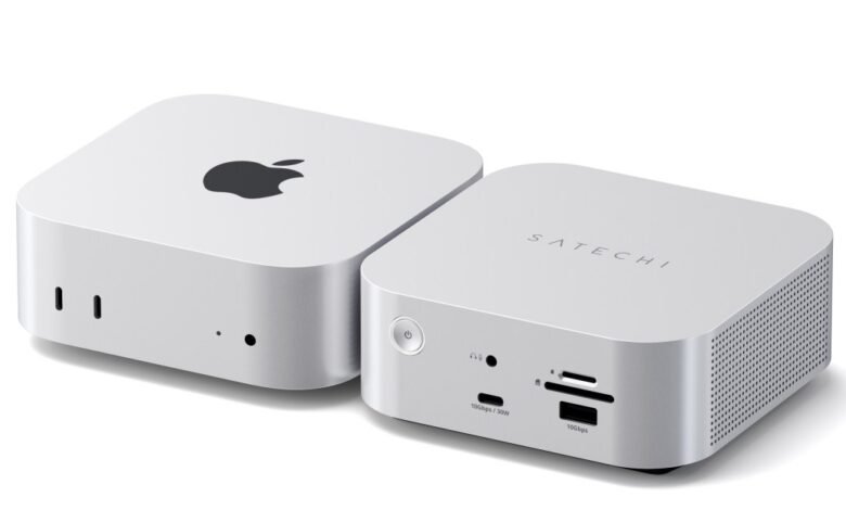 Apple Mac Mini and Satechi Thunderbolt 5 Dock side-by-side on a white background.