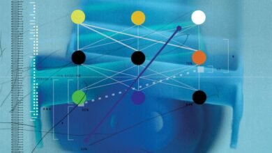 Abstract data visualization with colorful nodes and connecting lines.
