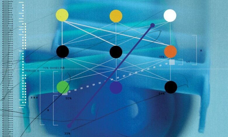 Abstract data visualization with colorful nodes and connecting lines.