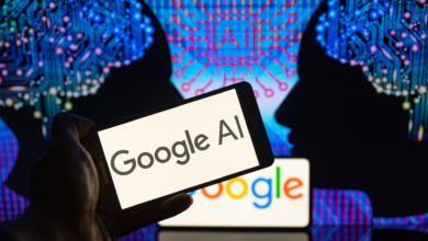 Hand holds phone displaying 'Google AI' in front of AI brain graphic.