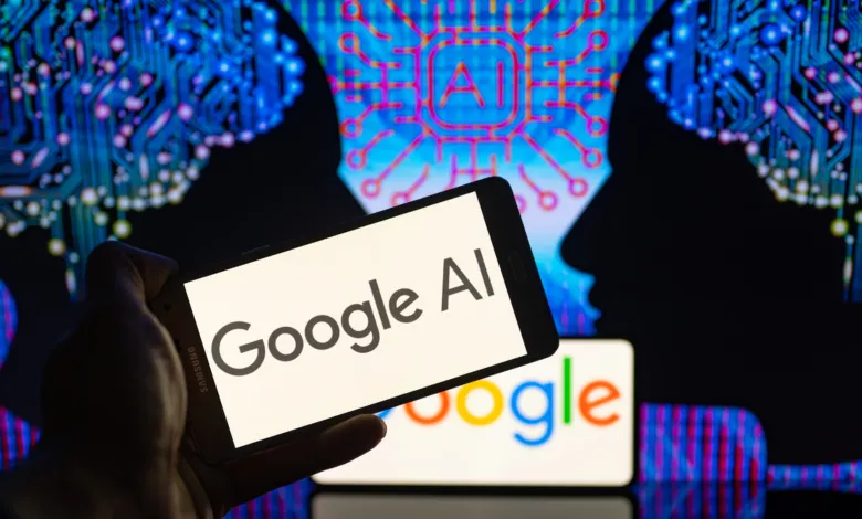 Hand holds phone displaying 'Google AI' in front of AI brain graphic.