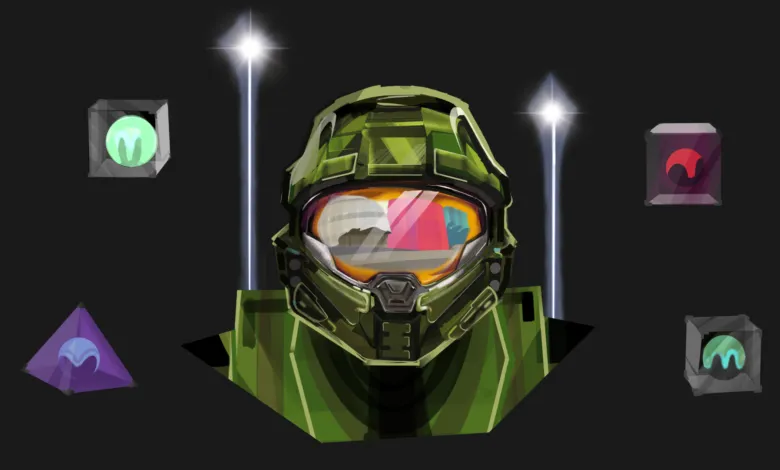 Illustration of Master Chief helmet from Halo with floating icons.