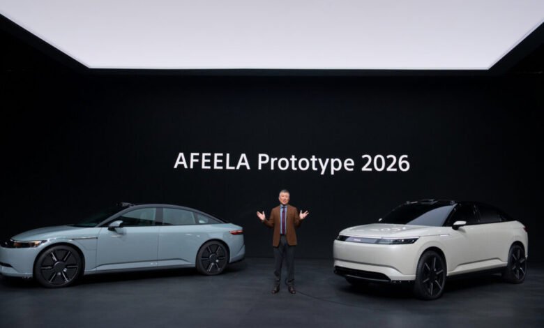 Yasuhide Mizuno presents AFEELA Prototype 2026 cars on stage.