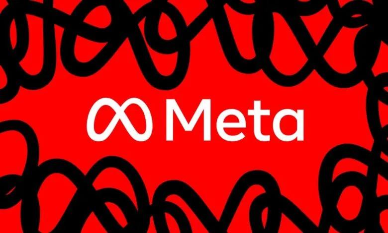 Meta logo in white on red background surrounded by black doodles.