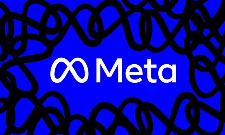 Meta logo in white on blue background with black abstract lines.