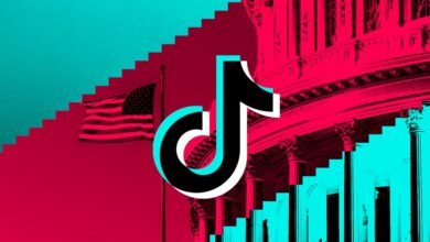 TikTok logo over US Capitol and flag, symbolizing potential ban.