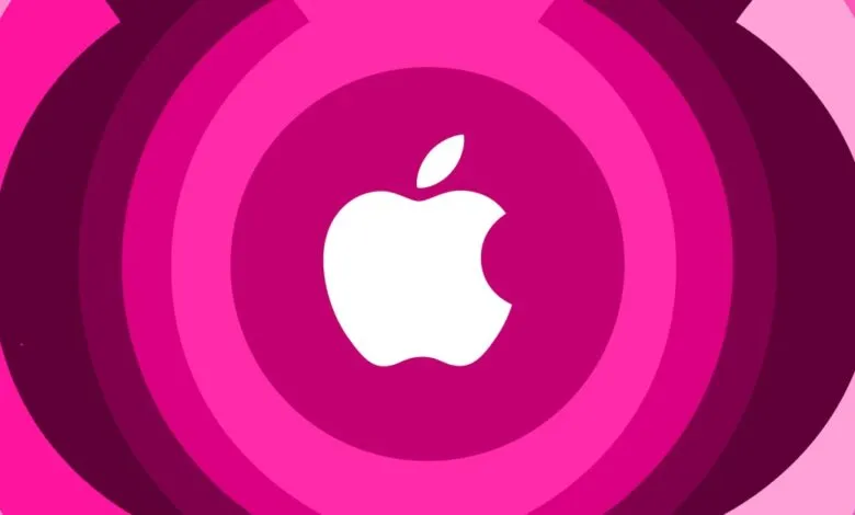 Apple logo in white against concentric pink circles.