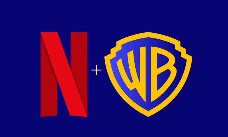 Netflix and Warner Bros. logos side-by-side on blue background.