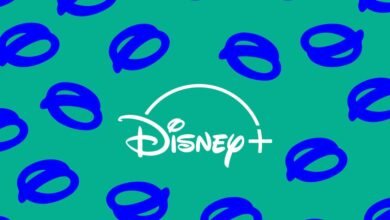 Disney+ logo on green background with blue abstract shapes.