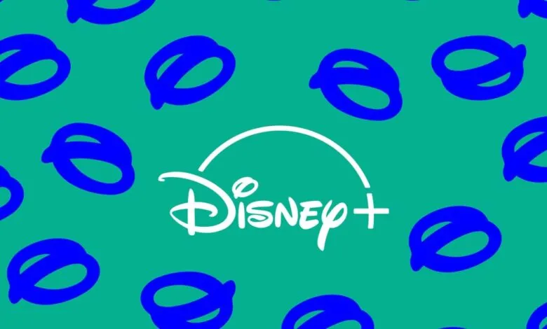 Disney+ logo on green background with blue abstract shapes.