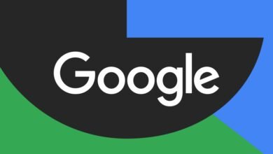 Google logo in white against black, green, and blue background.