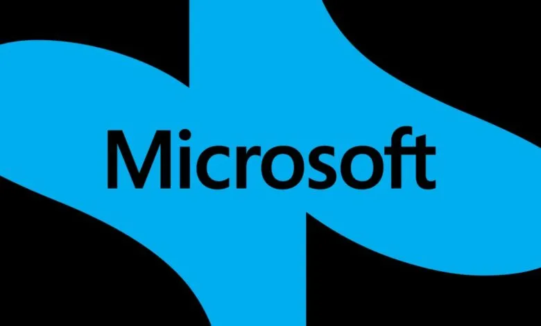 Microsoft logo with black text on a blue and black abstract background.