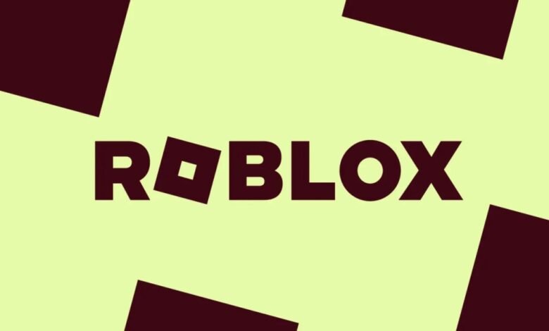 Roblox logo in dark red on a light yellow background with geometric shapes.