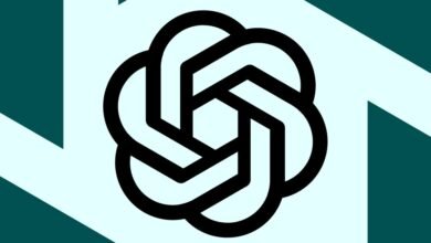 OpenAI logo: stylized knot design in black on light blue and teal background.