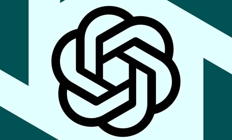 OpenAI logo: stylized knot design in black on light blue and teal background.