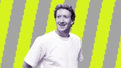 Mark Zuckerberg smiles against a striped yellow and gray background.