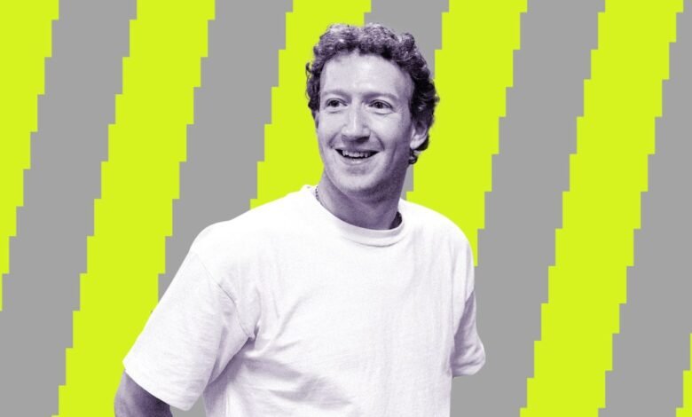 Mark Zuckerberg smiles against a striped yellow and gray background.