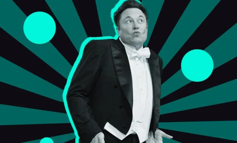 Elon Musk in tuxedo with playful expression against teal background.