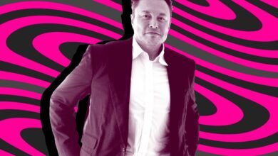 Elon Musk in suit against pink and black swirling background.