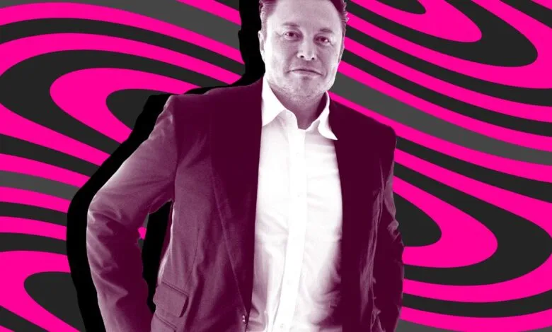 Elon Musk in suit against pink and black swirling background.