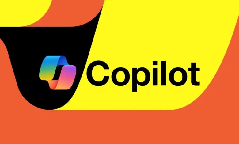 Microsoft Copilot logo with colorful ribbon and bold text on vibrant background.