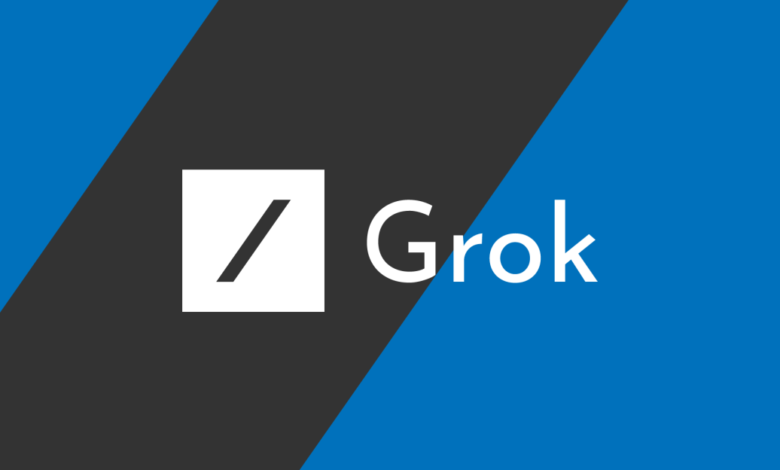 Grok logo with white icon and text on blue and gray background.