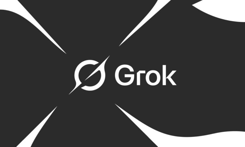 Grok logo in white on a dark gray background with abstract shapes.