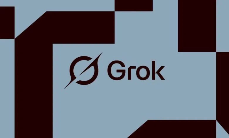Grok logo on a geometric background of light blue and dark brown.