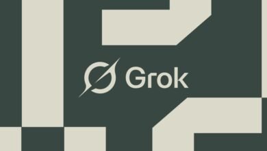 Grok logo on a geometric background of dark green and light beige.
