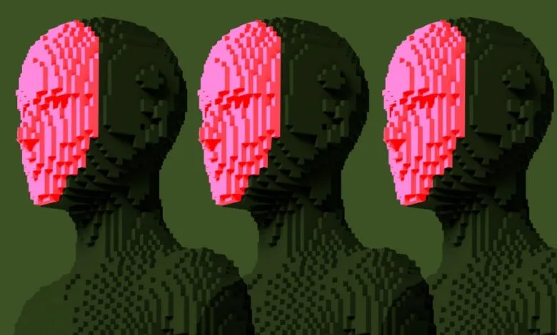 Three pixelated human figures, half pink, half dark green, on a green background.