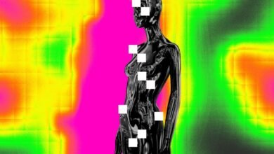 Abstract image of a black mannequin with pixelated censorship.