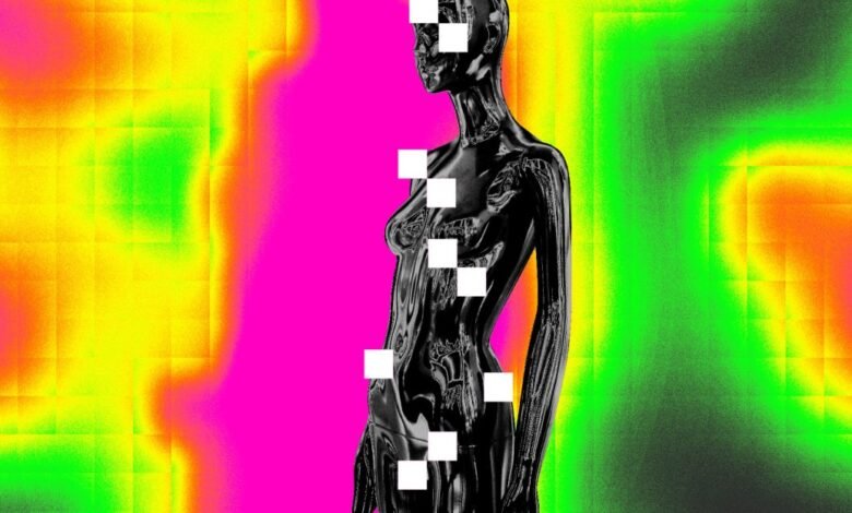 Abstract image of a black mannequin with pixelated censorship.