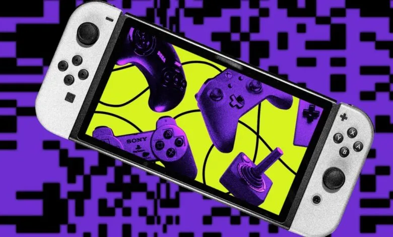 Nintendo Switch displaying classic game controllers on a bright yellow screen.