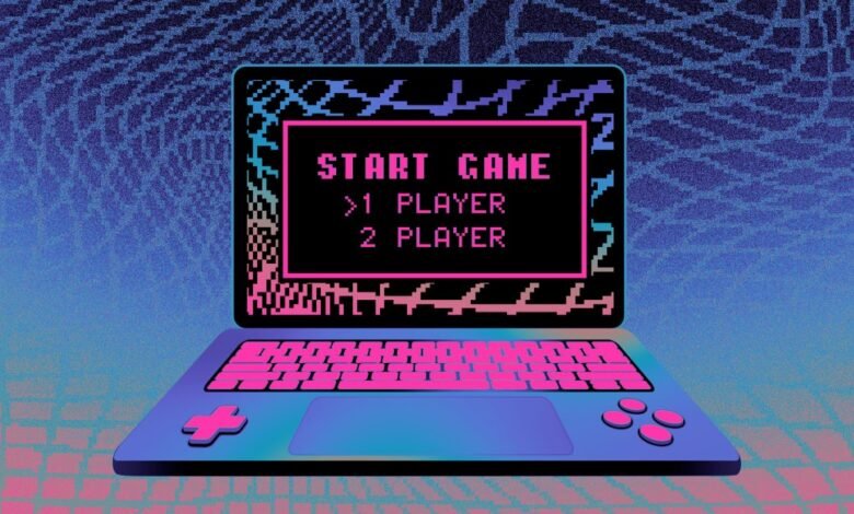 Retro-style laptop displaying a pixelated 'Start Game' menu, reminiscent of 80s gaming.