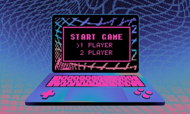 Retro-style laptop displaying a pixelated 'Start Game' menu, reminiscent of 80s gaming.