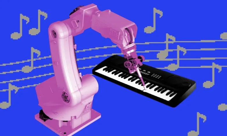 Pink robotic arm playing a black keyboard against a blue background with musical notes.